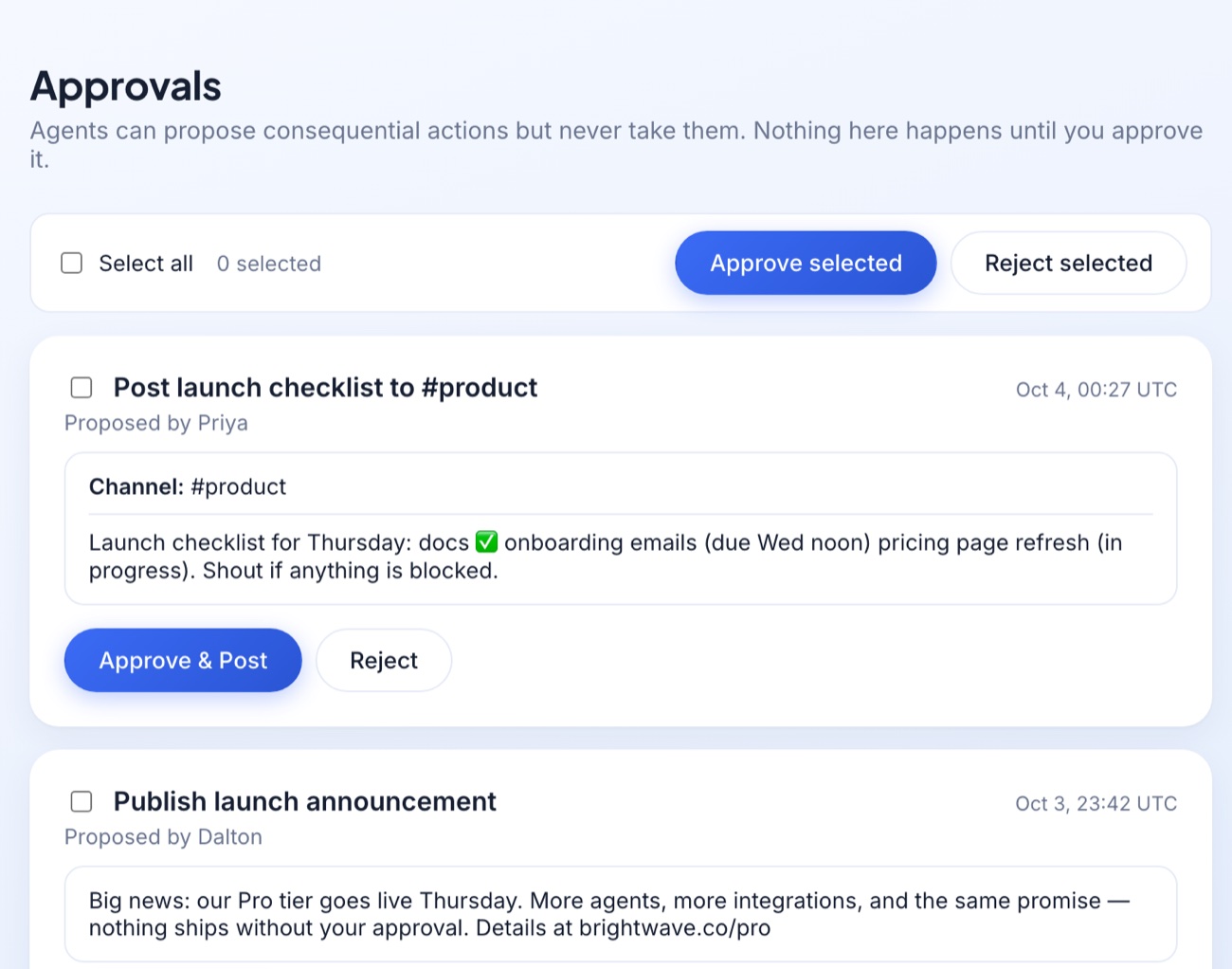 The approvals queue with a Slack post and a LinkedIn post waiting for review