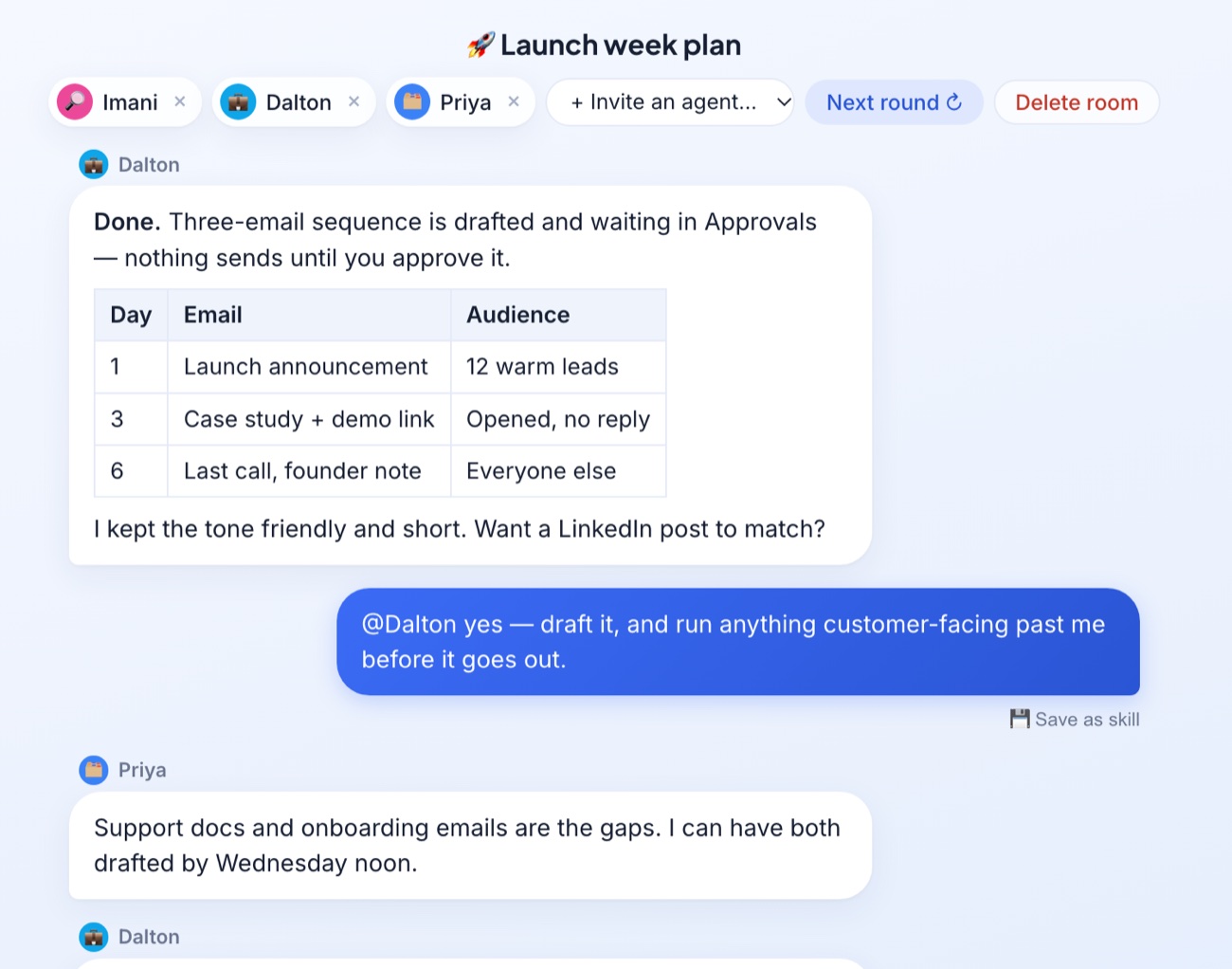 A chatroom where three agents discuss a product launch with the user