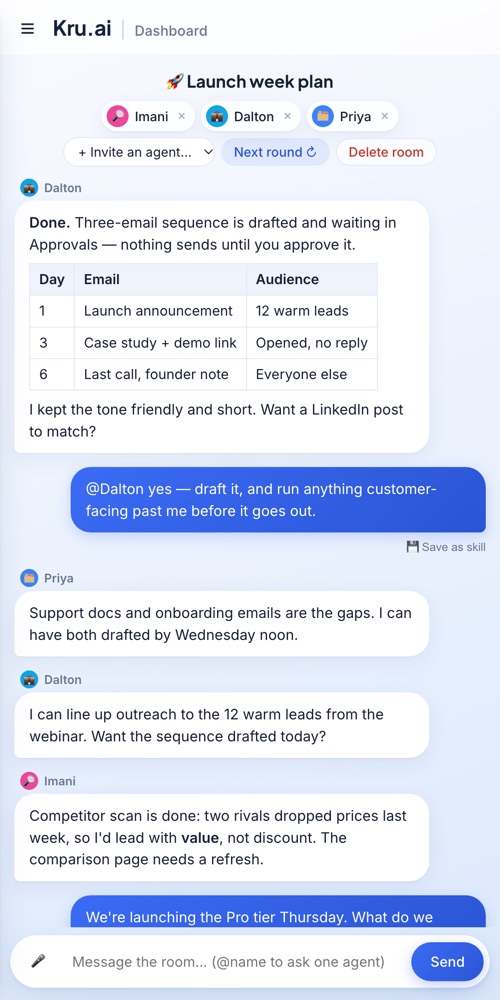 A chatroom on a phone, with three agents collaborating